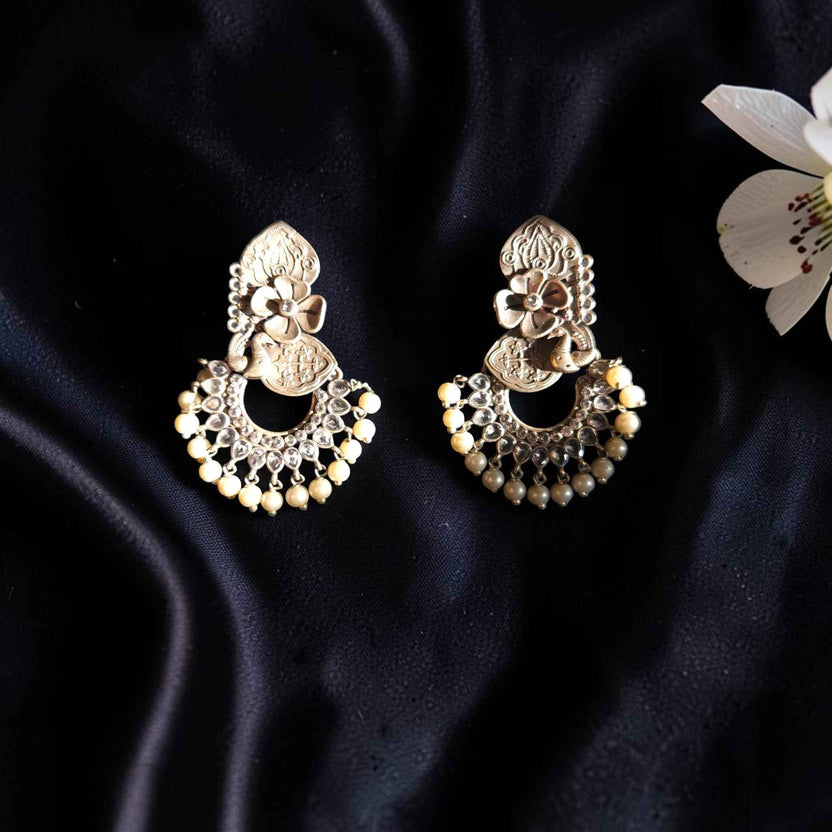 Shangri Antique Gold-Toned Pearl Chandbali Earrings