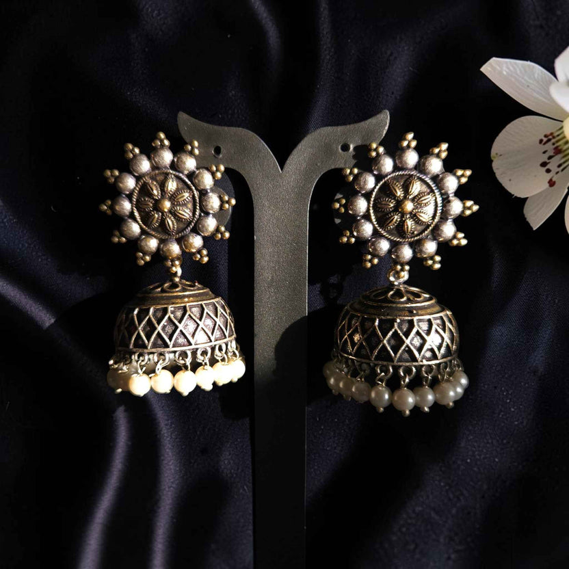 Shangri Antique Jhumka Earrings with Pearl Accents