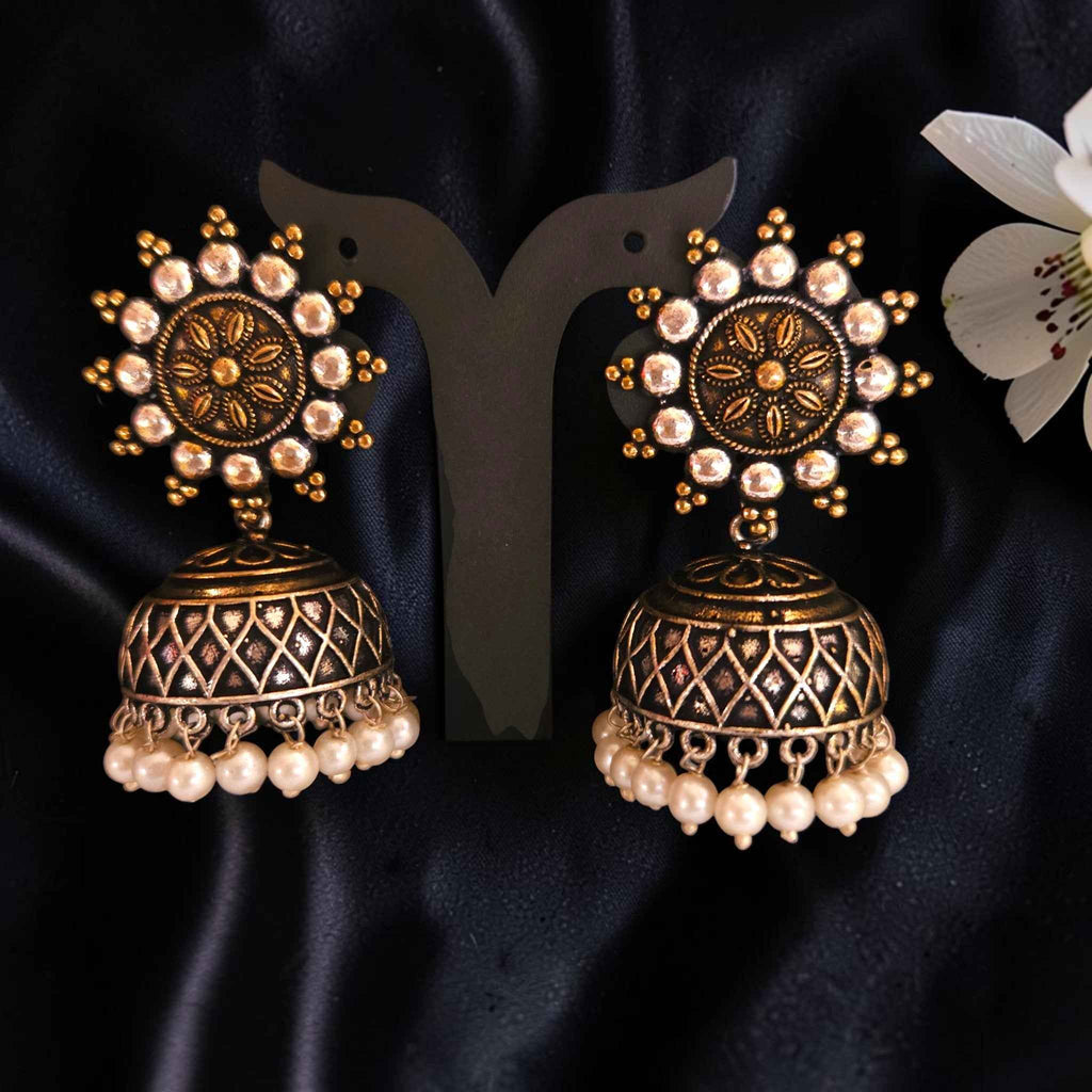 Shangri Antique Jhumka Earrings with Pearl Accents