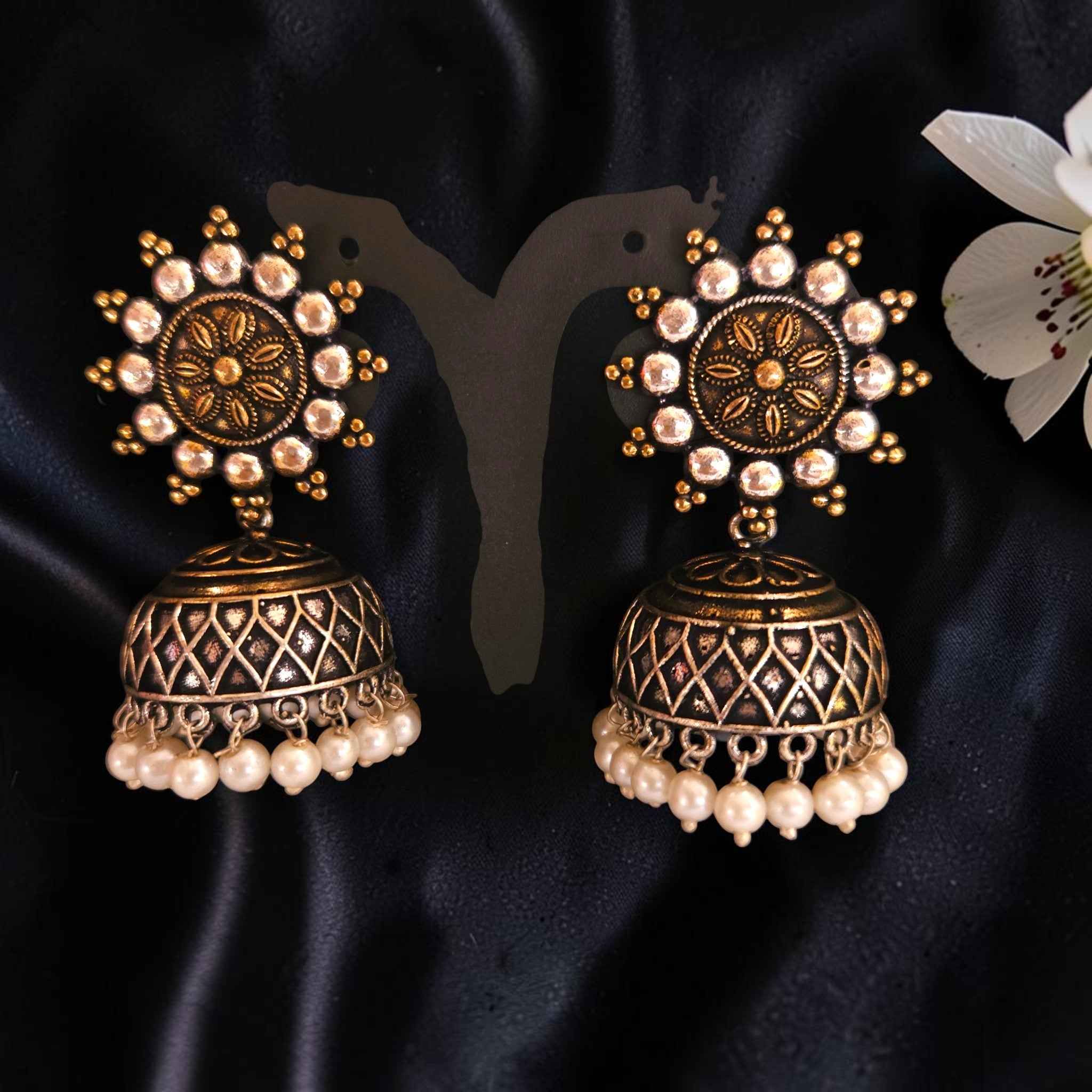 Shangri Antique Jhumka Earrings with Pearl Accents