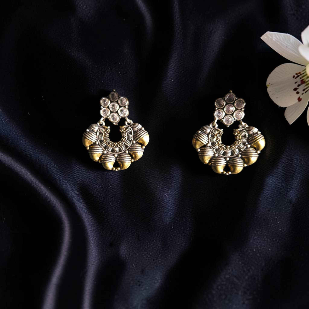 Shangri Antique Silver Jhumka Earrings with White Stones
