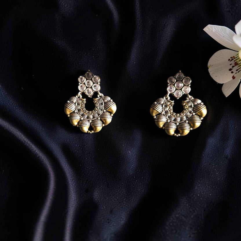 Shangri Antique Silver Jhumka Earrings with White Stones