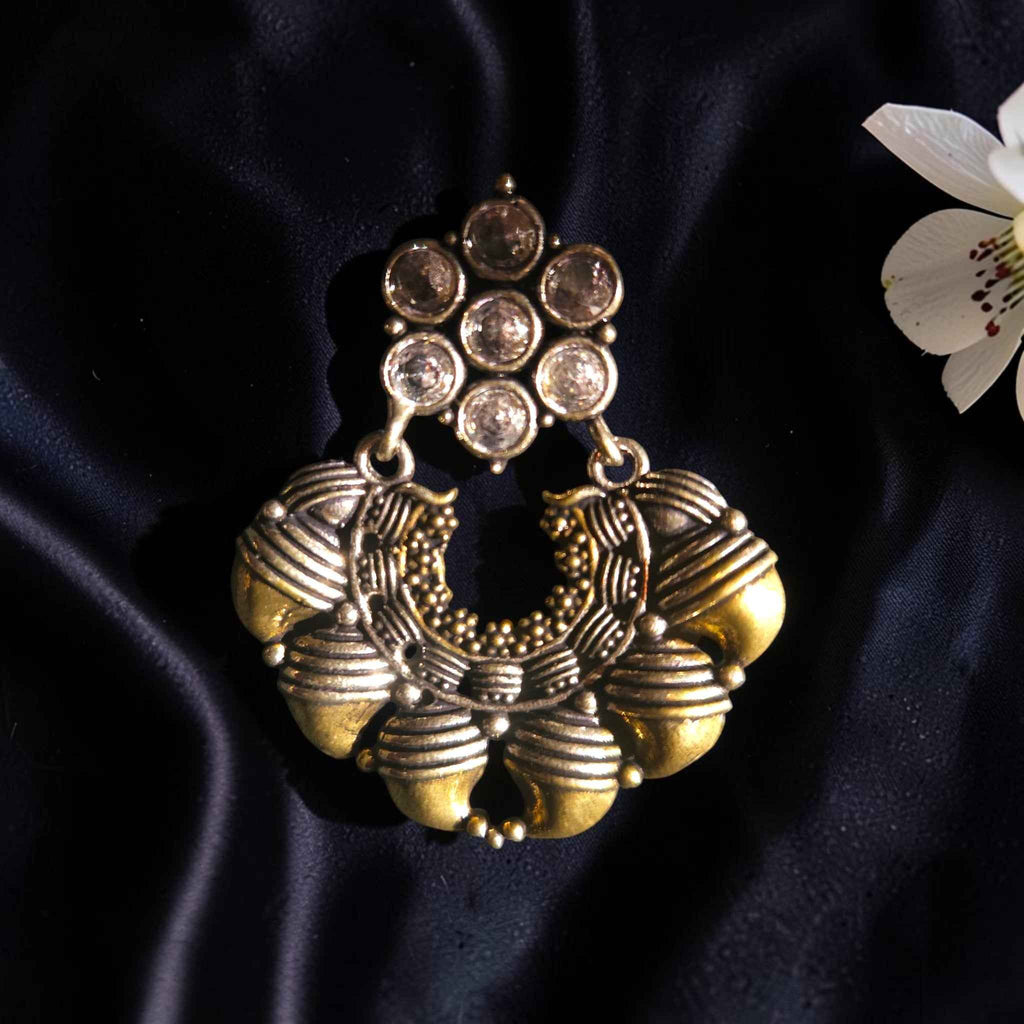 Shangri Antique Silver Jhumka Earrings with White Stones