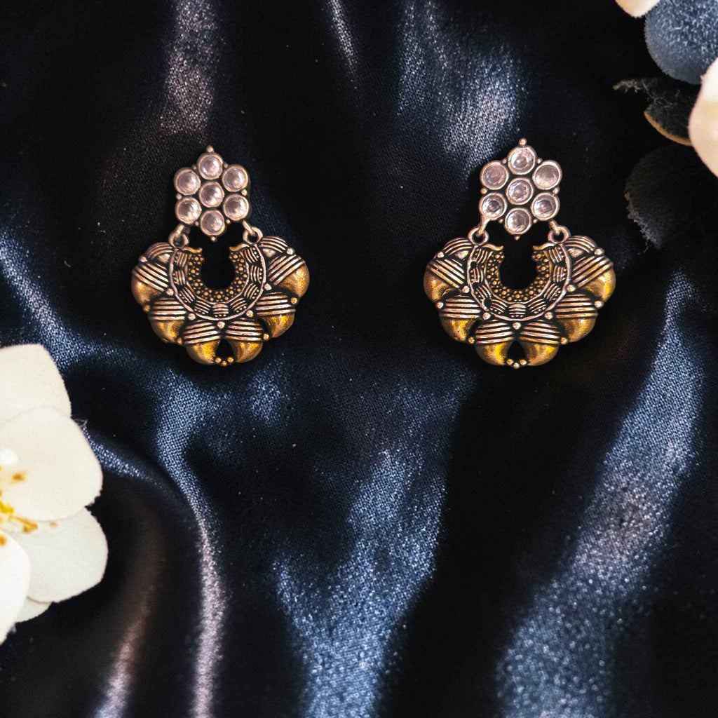Shangri Antique Silver Jhumka Earrings with White Stones