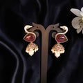 Shangri Traditional Jhumka Earrings with Red Stone and Pearl Drops
