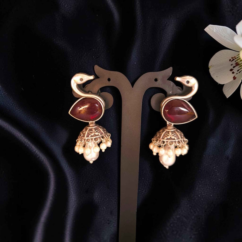Shangri Traditional Jhumka Earrings with Red Stone and Pearl Drops