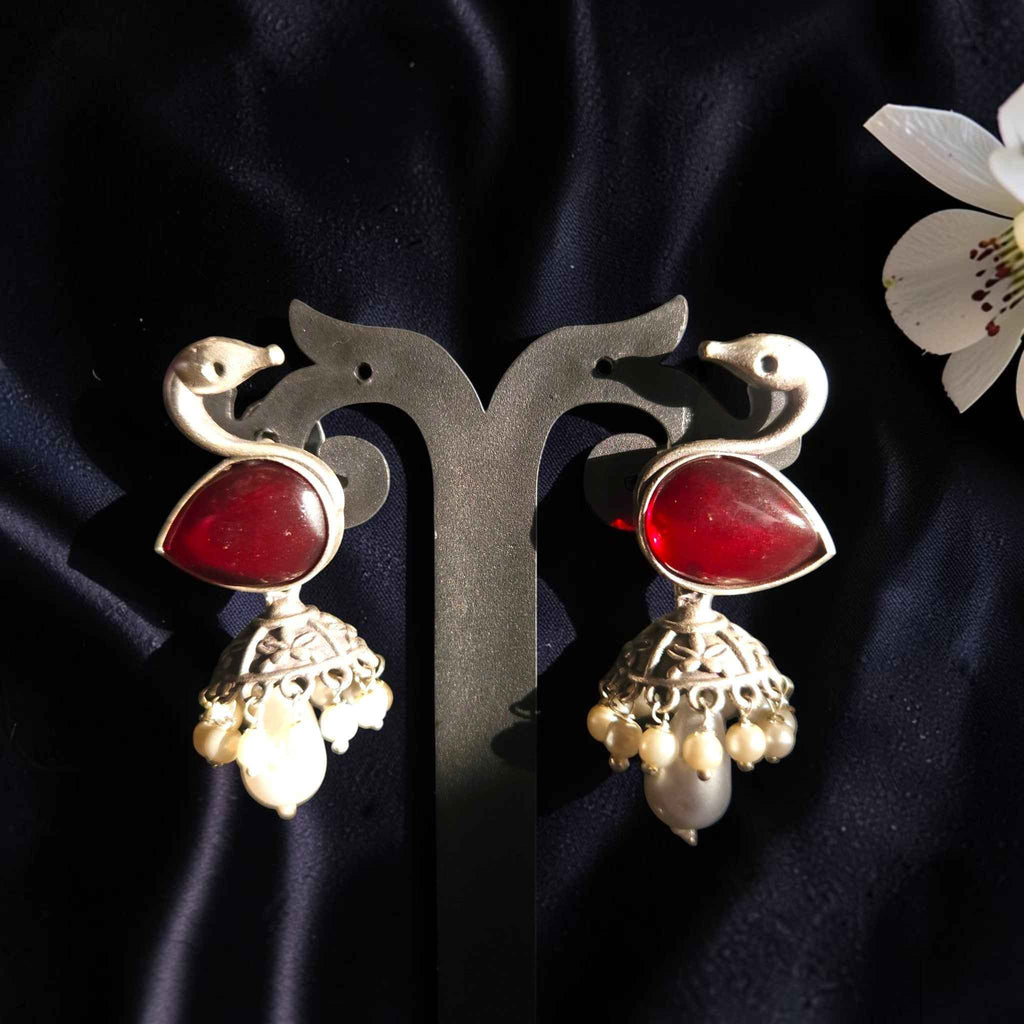 Shangri Traditional Jhumka Earrings with Red Stone and Pearl Drops