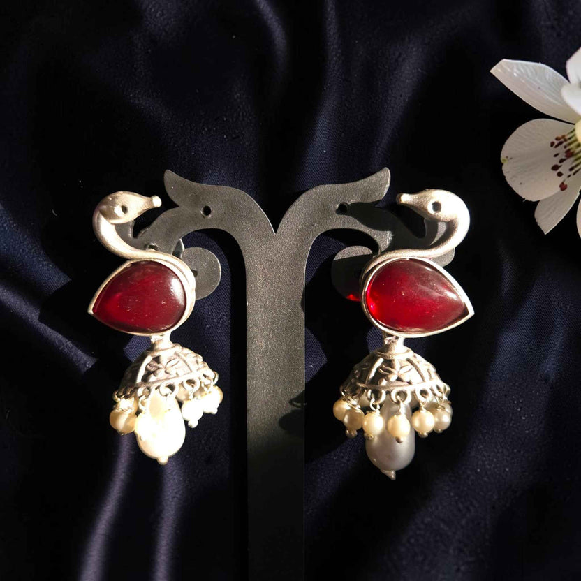 Shangri Traditional Jhumka Earrings with Red Stone and Pearl Drops