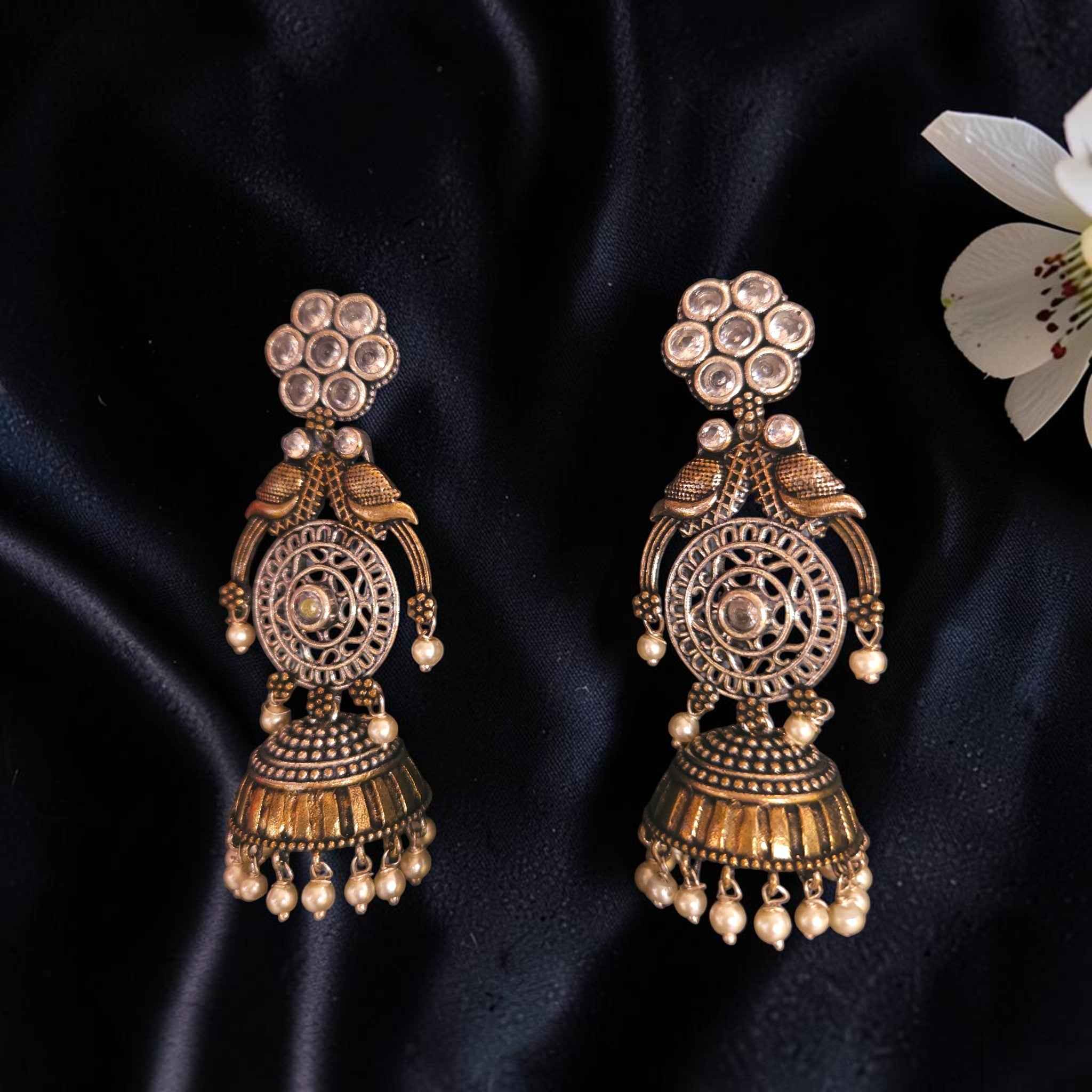 Shangri Antique Gold Dangler Earrings with Pearls