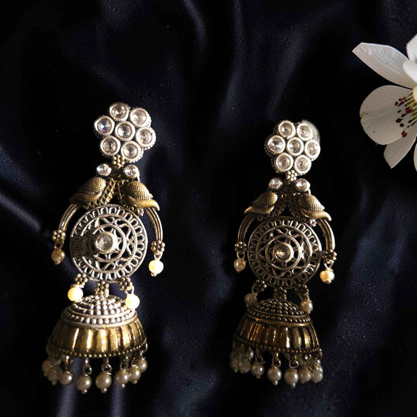 Shangri Antique Gold Dangler Earrings with Pearls