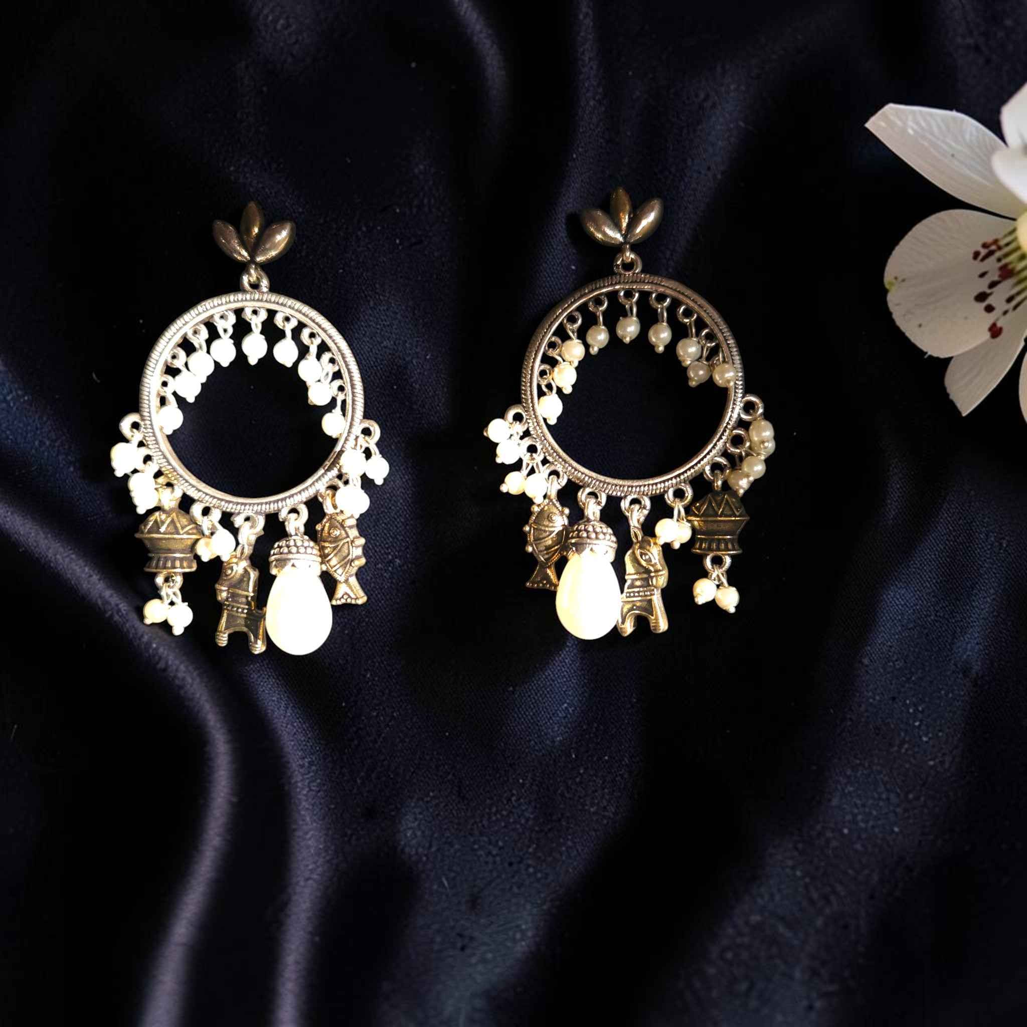Shangri Antique Silver Fish Dangling Earrings with Pearls
