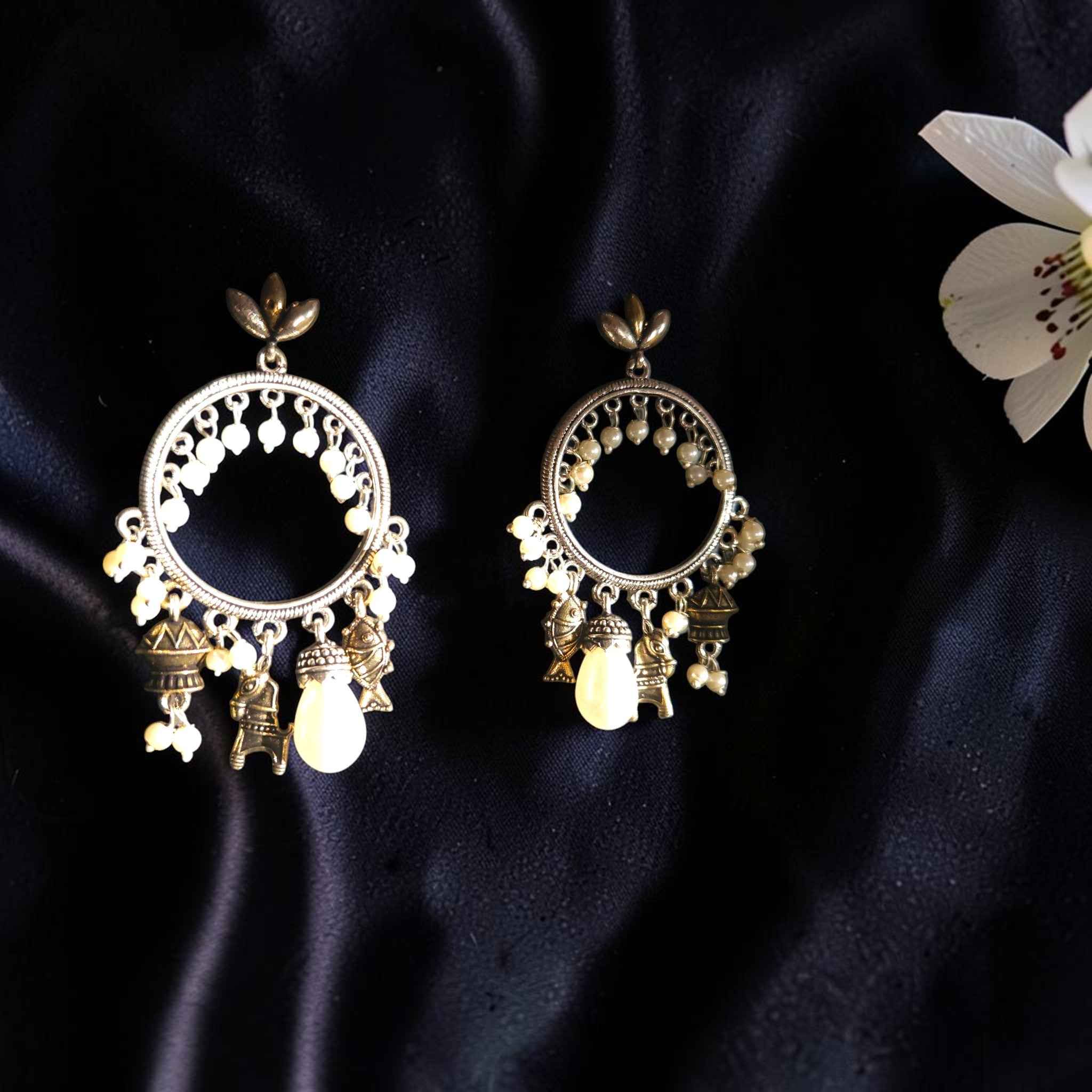 Shangri Antique Silver Fish Dangling Earrings with Pearls