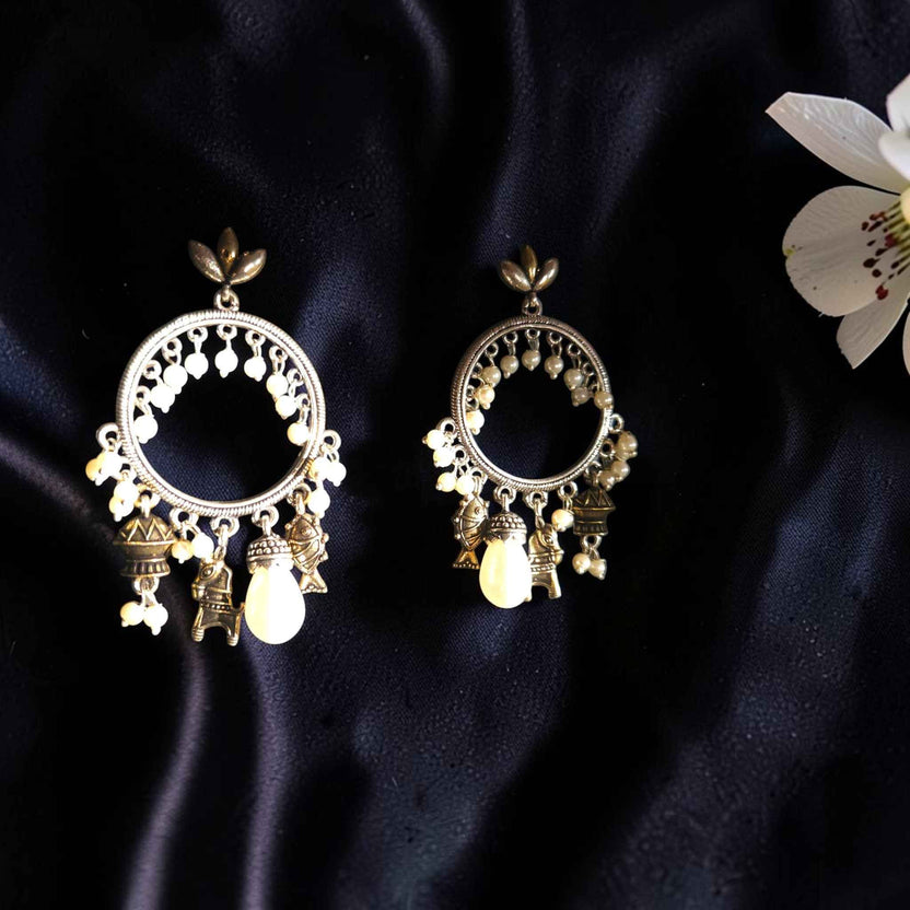 Shangri Antique Silver Fish Dangling Earrings with Pearls