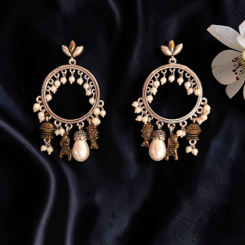 Shangri Antique Silver Fish Dangling Earrings with Pearls