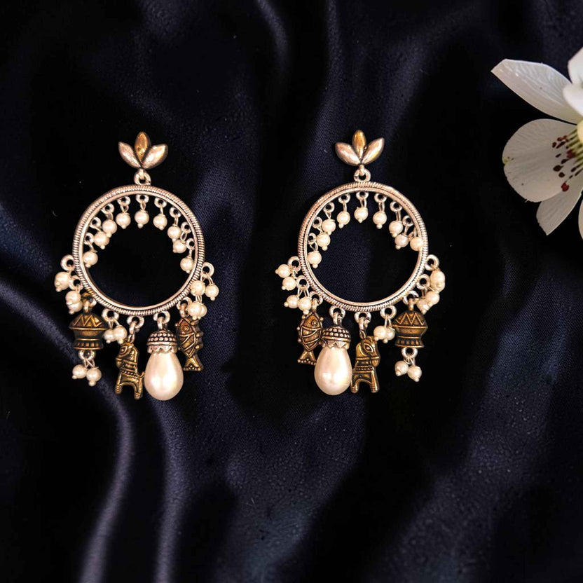 Shangri Antique Silver Fish Dangling Earrings with Pearls
