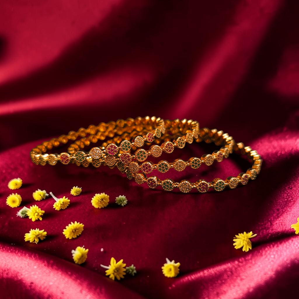 Shangri Premium American Diamond Bangles – Red & Green Stone Micro Gold Plated Designer Kada Set