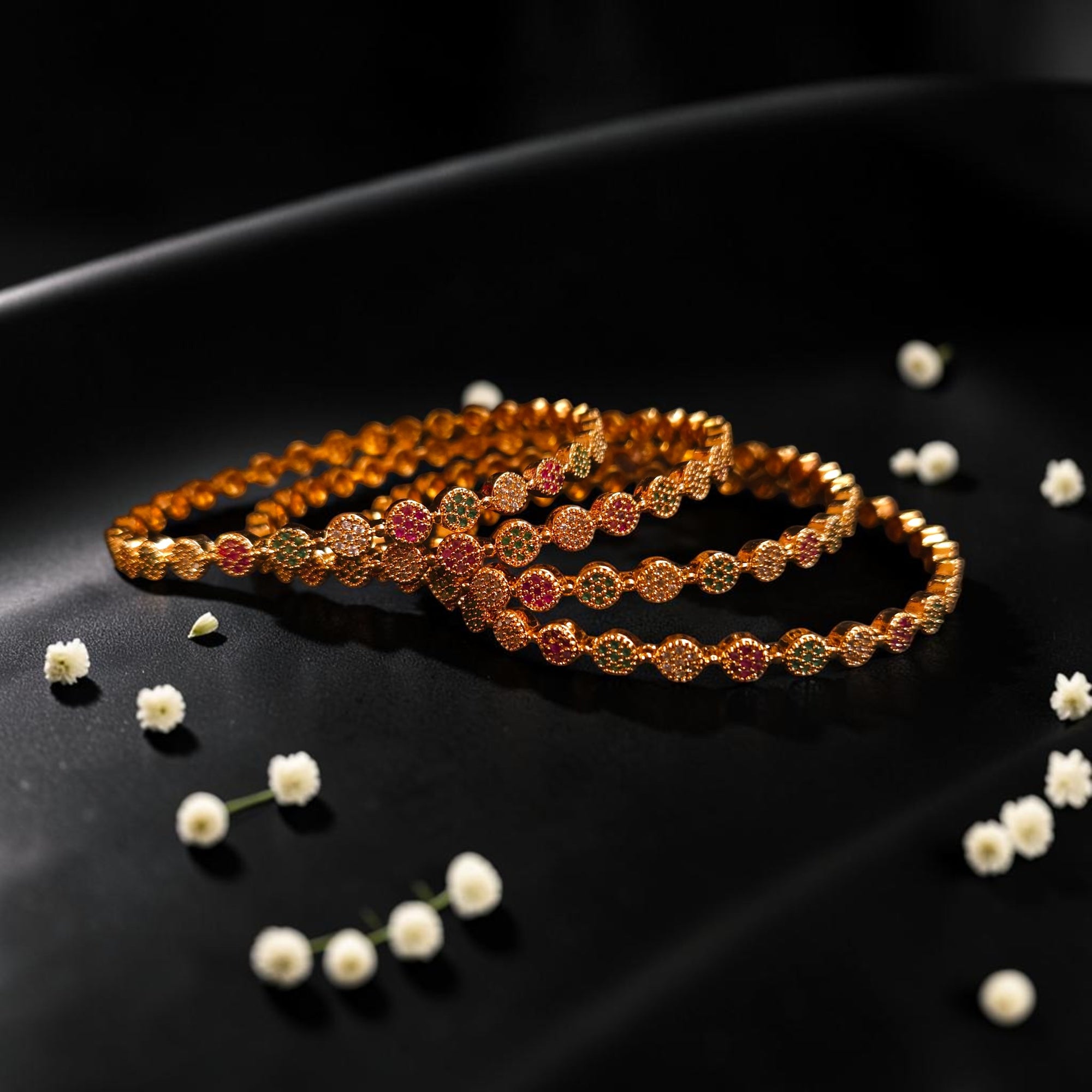 Shangri Premium American Diamond Bangles – Red & Green Stone Micro Gold Plated Designer Kada Set