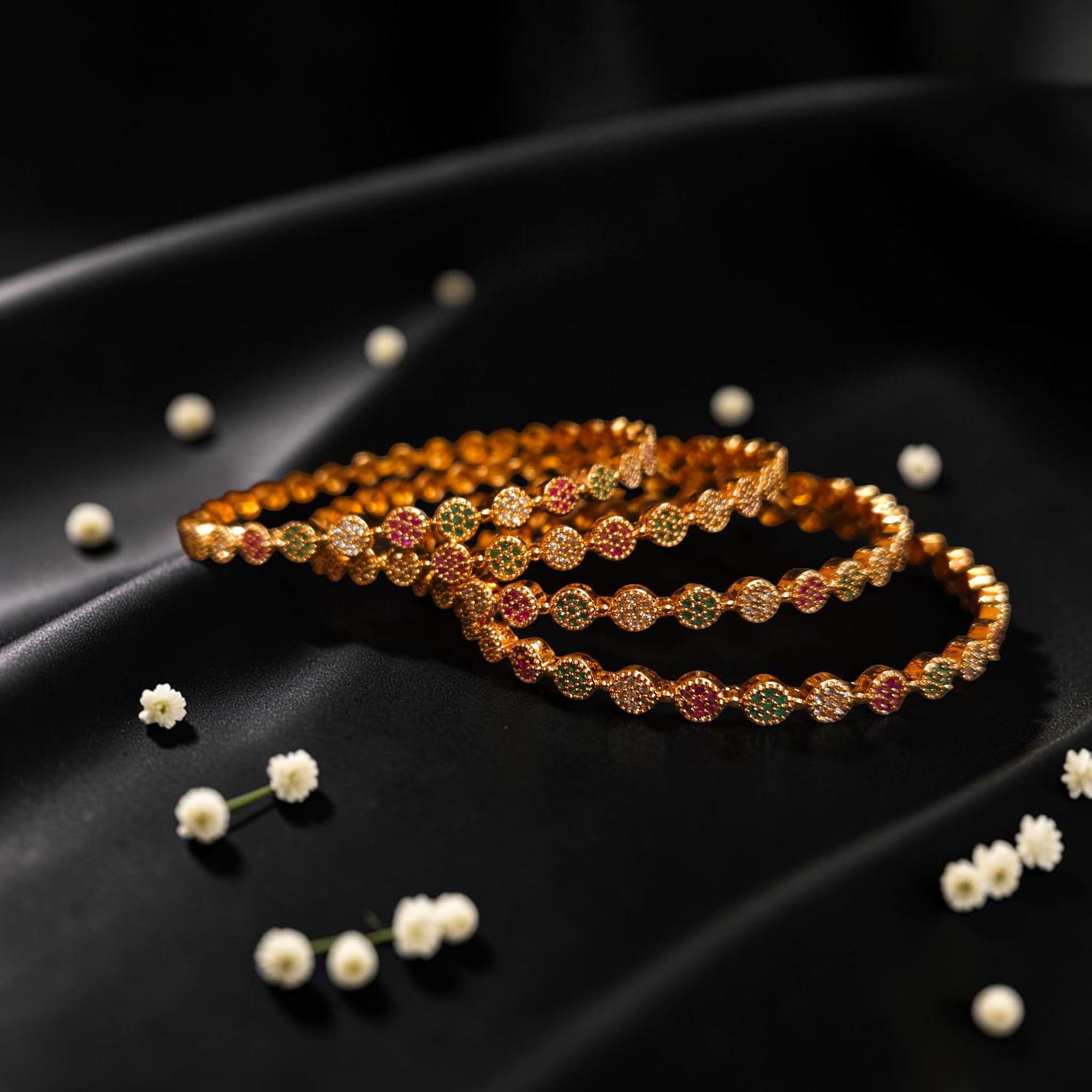 Shangri Premium American Diamond Bangles – Red & Green Stone Micro Gold Plated Designer Kada Set