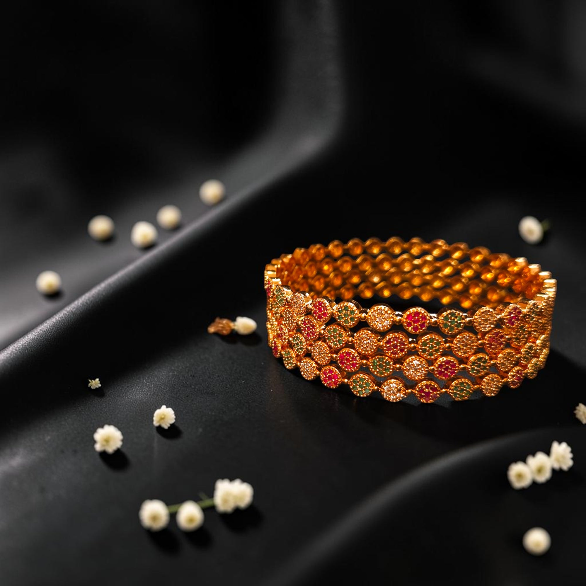 Shangri Premium American Diamond Bangles – Red & Green Stone Micro Gold Plated Designer Kada Set