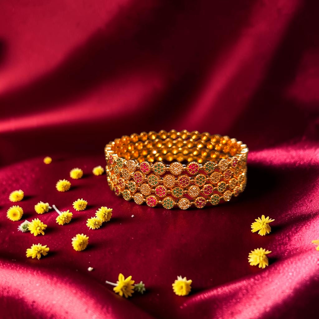 Shangri Premium American Diamond Bangles – Red & Green Stone Micro Gold Plated Designer Kada Set
