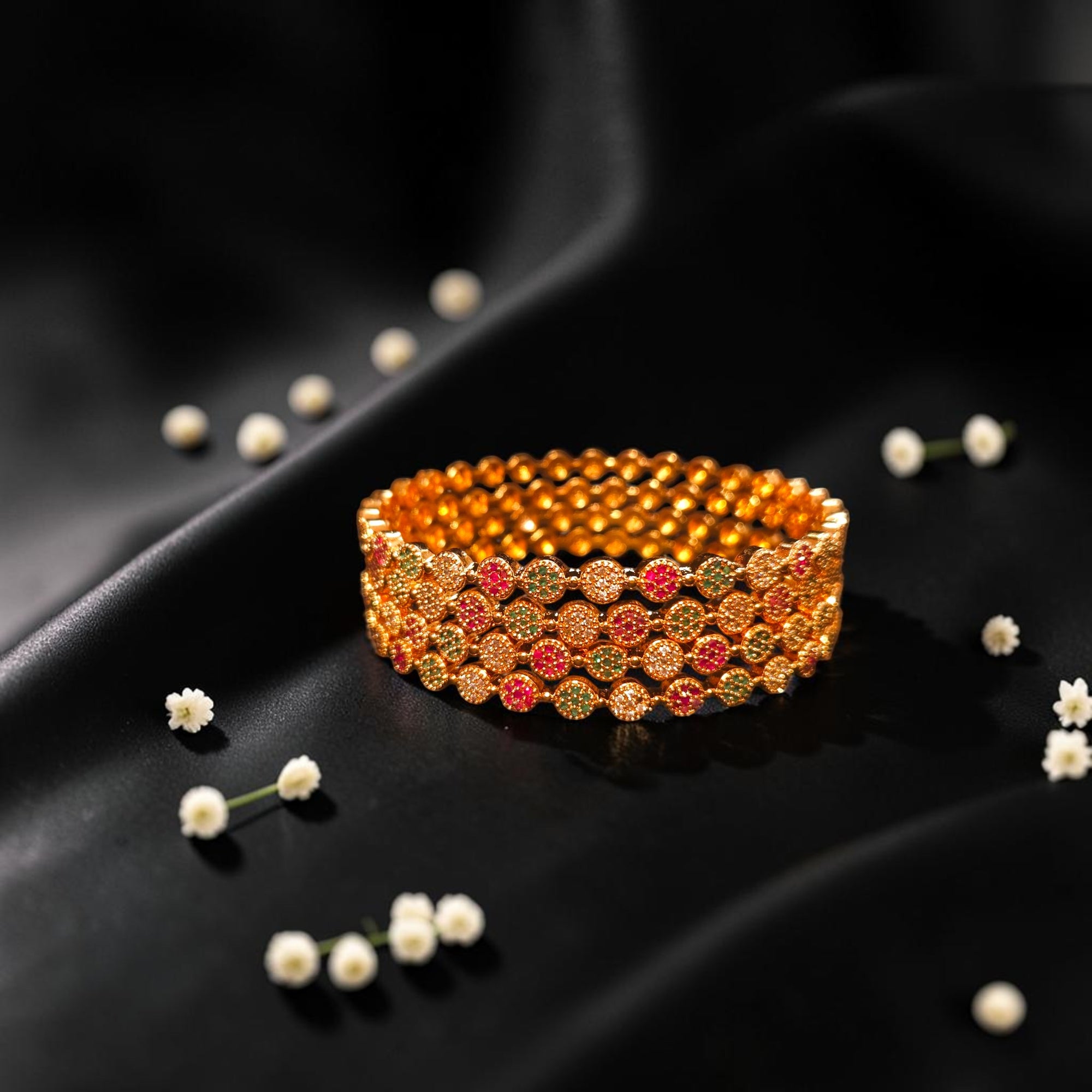 Shangri Premium American Diamond Bangles – Red & Green Stone Micro Gold Plated Designer Kada Set