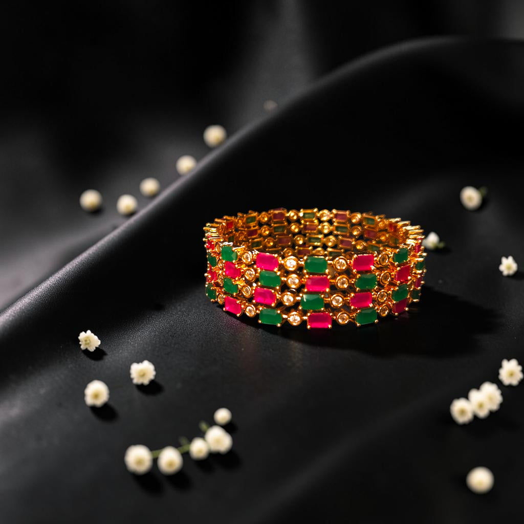 Shangri Royal Ruby & Emerald American Diamond Bangles – Premium Festive AD Kada Set