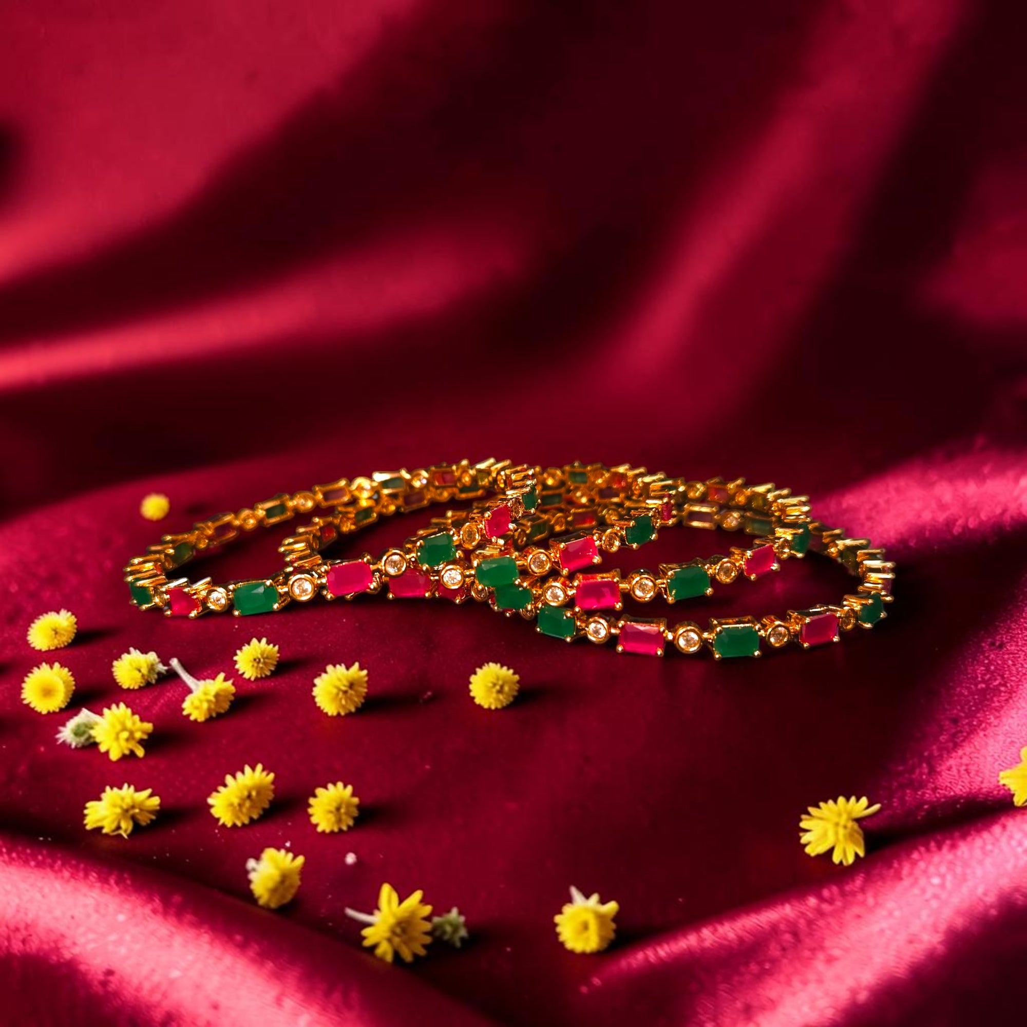 Shangri Royal Ruby & Emerald American Diamond Bangles – Premium Festive AD Kada Set