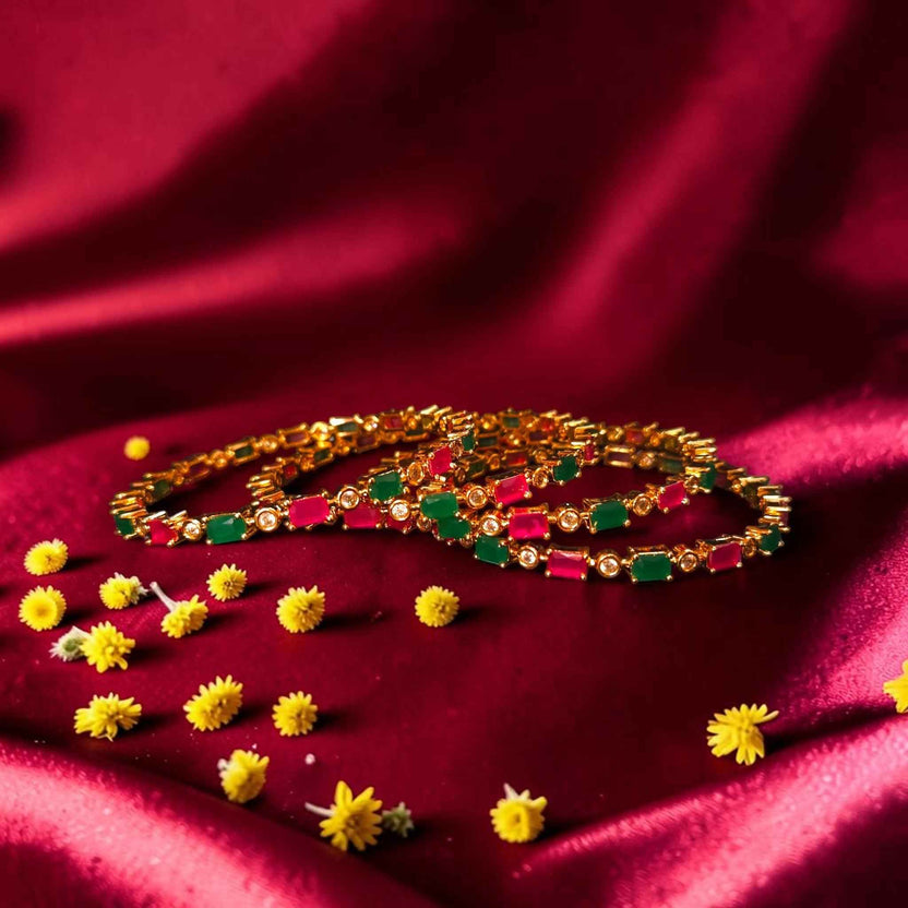 Shangri Royal Ruby & Emerald American Diamond Bangles – Premium Festive AD Kada Set