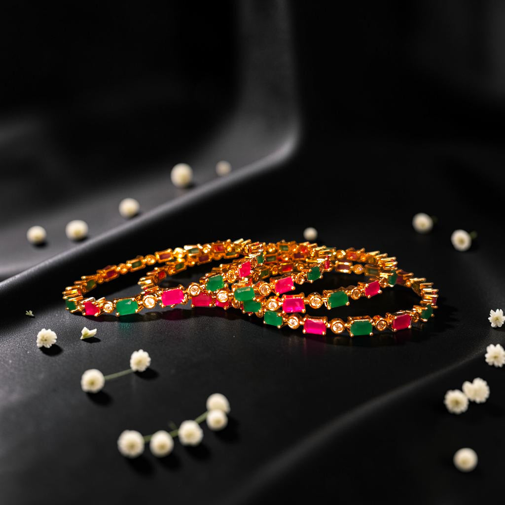Shangri Royal Ruby & Emerald American Diamond Bangles – Premium Festive AD Kada Set