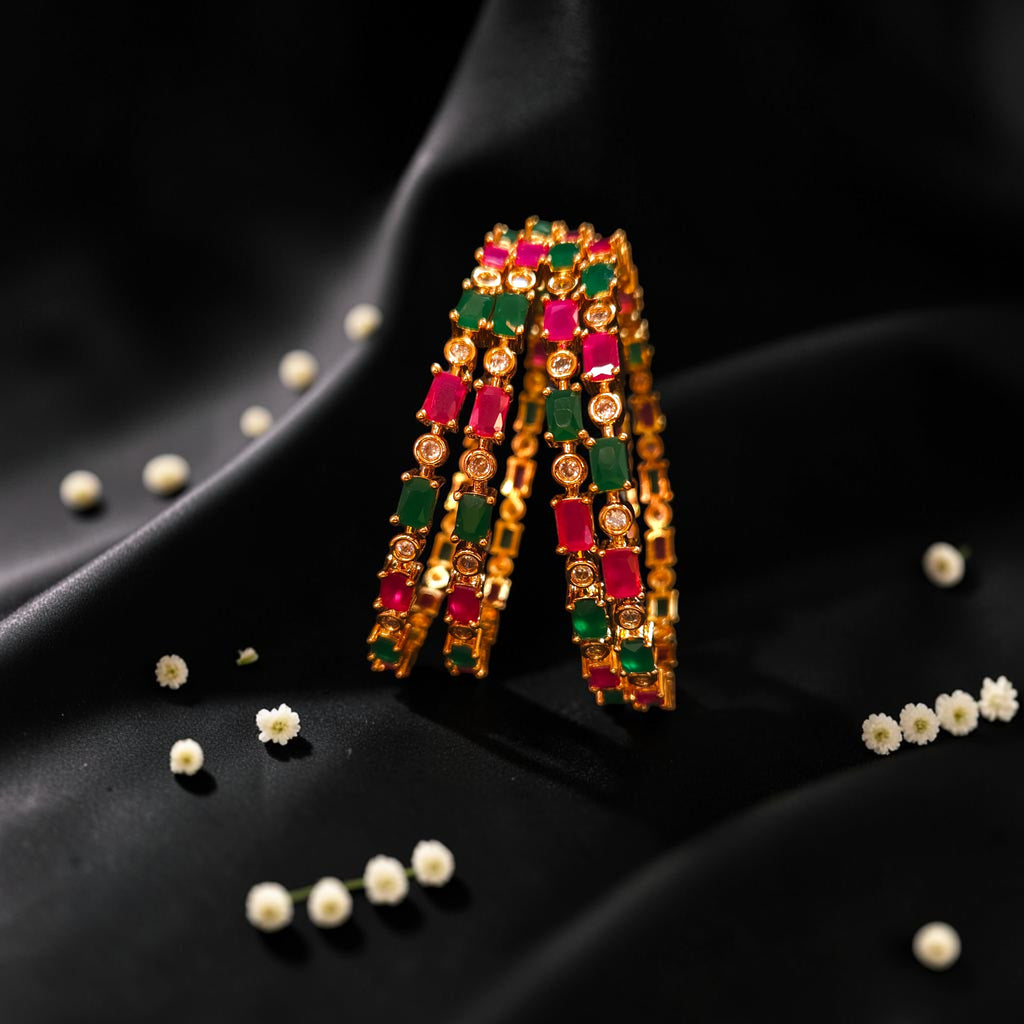 Shangri Royal Ruby & Emerald American Diamond Bangles – Premium Festive AD Kada Set