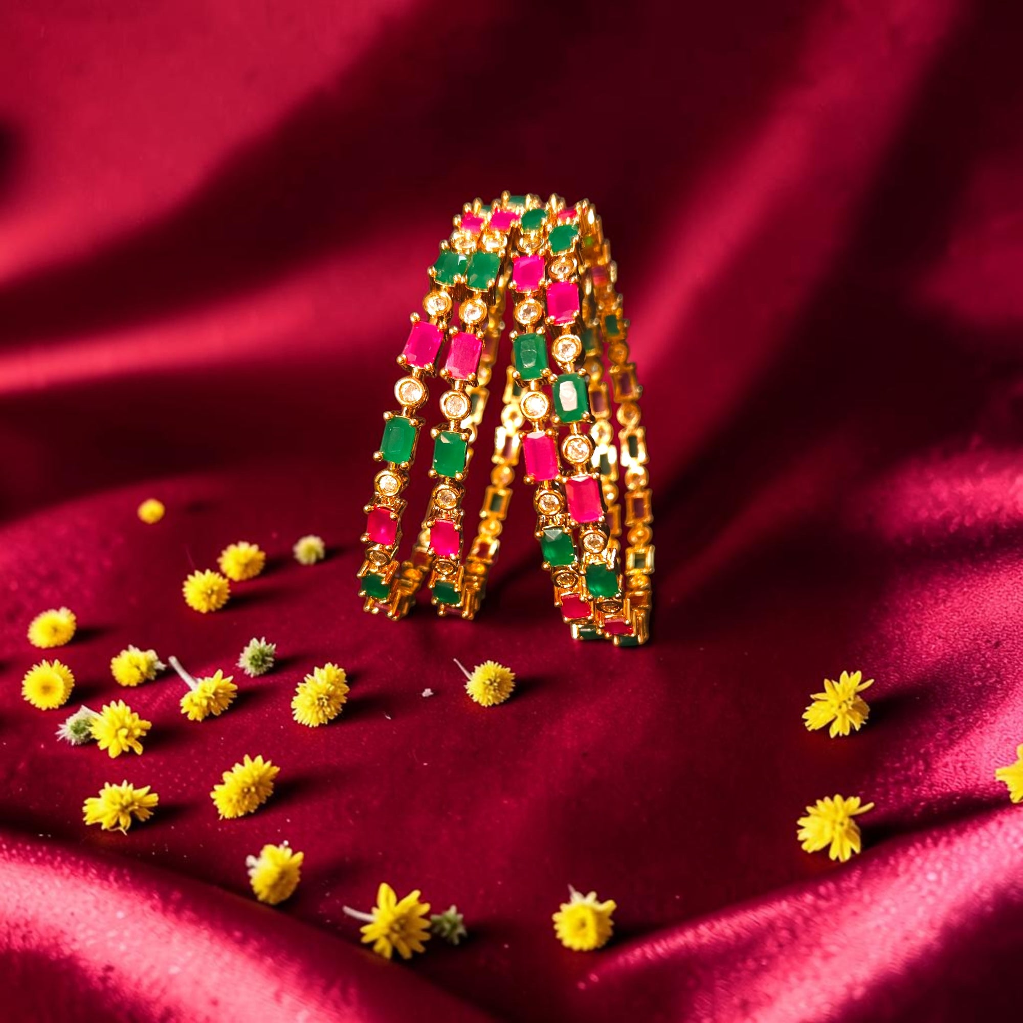 Shangri Royal Ruby & Emerald American Diamond Bangles – Premium Festive AD Kada Set