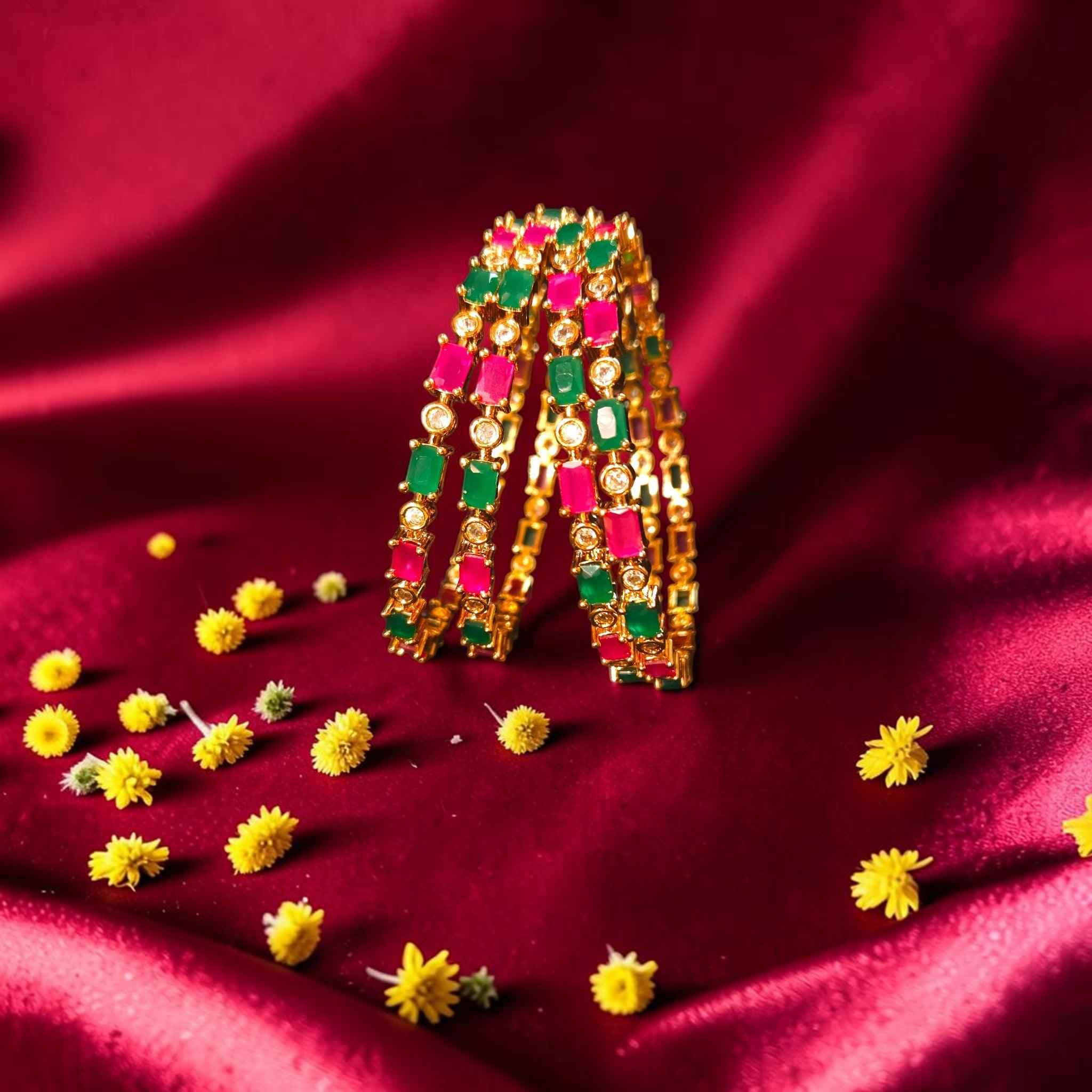 Shangri Royal Ruby & Emerald American Diamond Bangles – Premium Festive AD Kada Set
