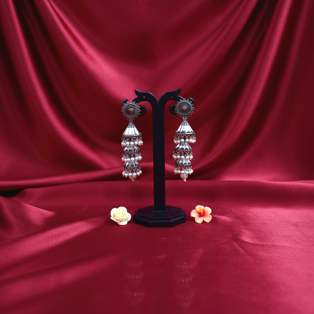 Shangri Oxidized Silver Jhumka Earrings with Pearl Drops