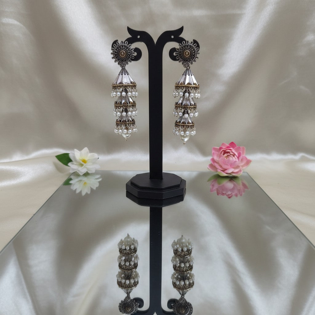 Shangri Oxidized Silver Jhumka Earrings with Pearl Drops