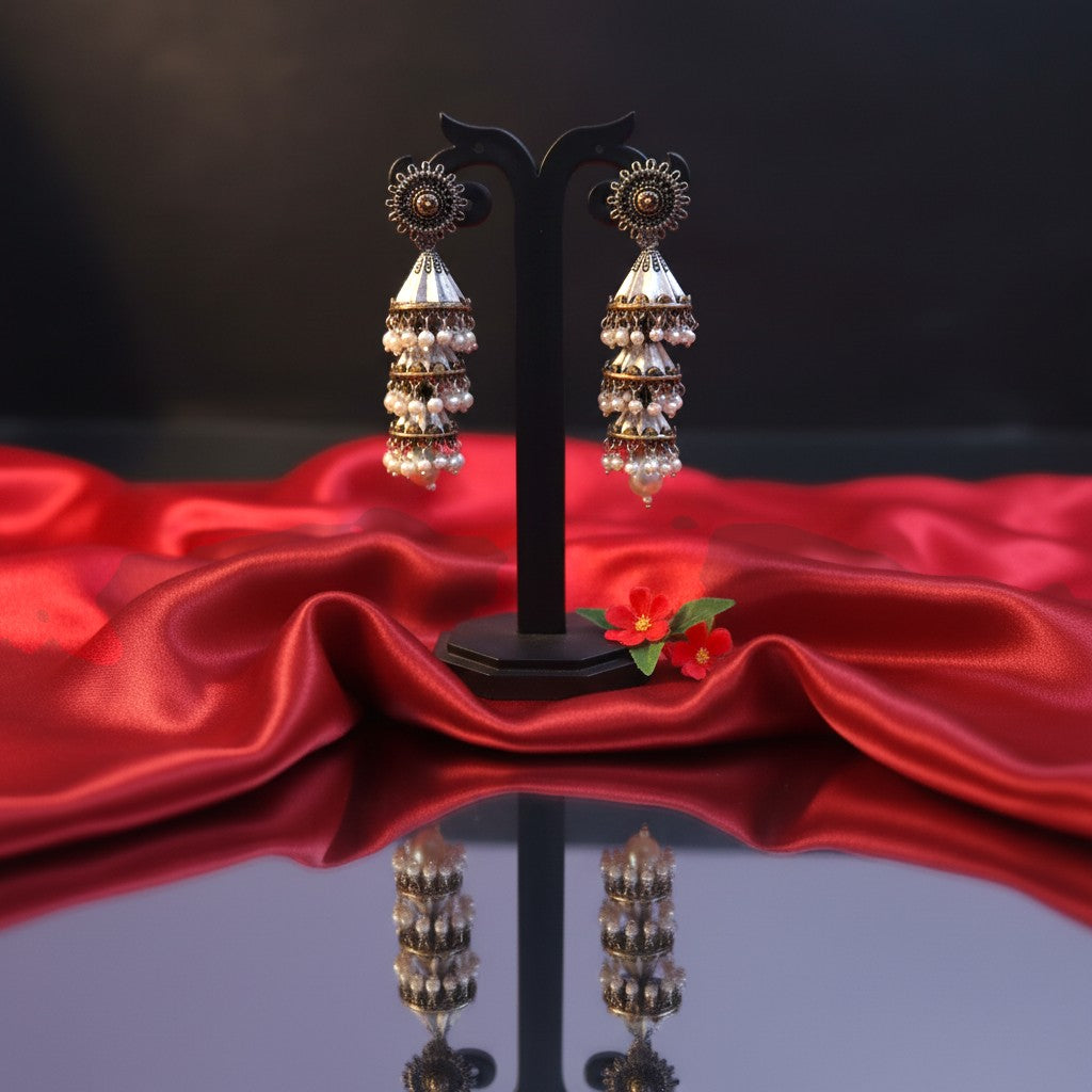 Shangri Oxidized Silver Jhumka Earrings with Pearl Drops