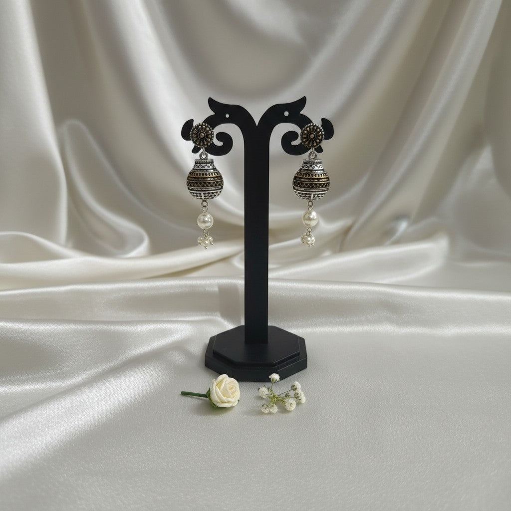Shangri Antique Silver Jhumka Earrings with Pearl Accents