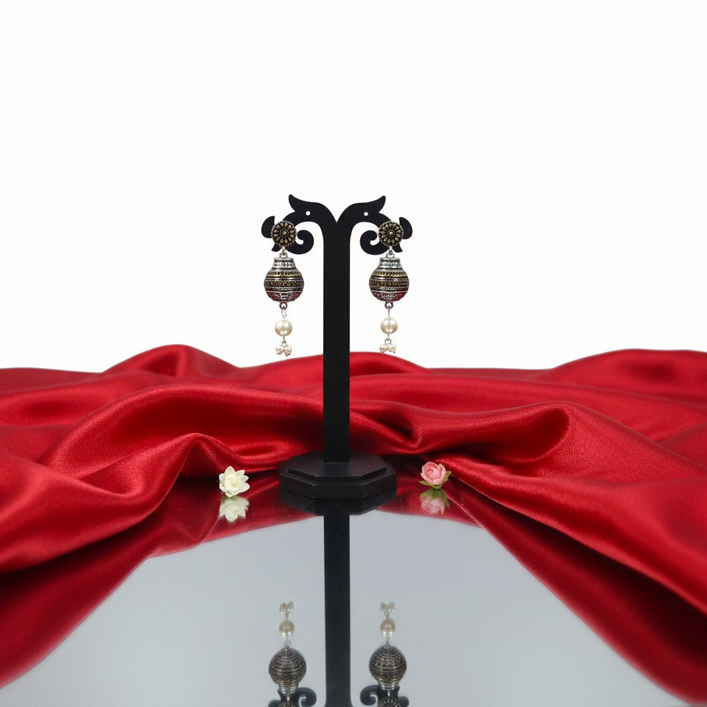 Shangri Antique Silver Jhumka Earrings with Pearl Accents