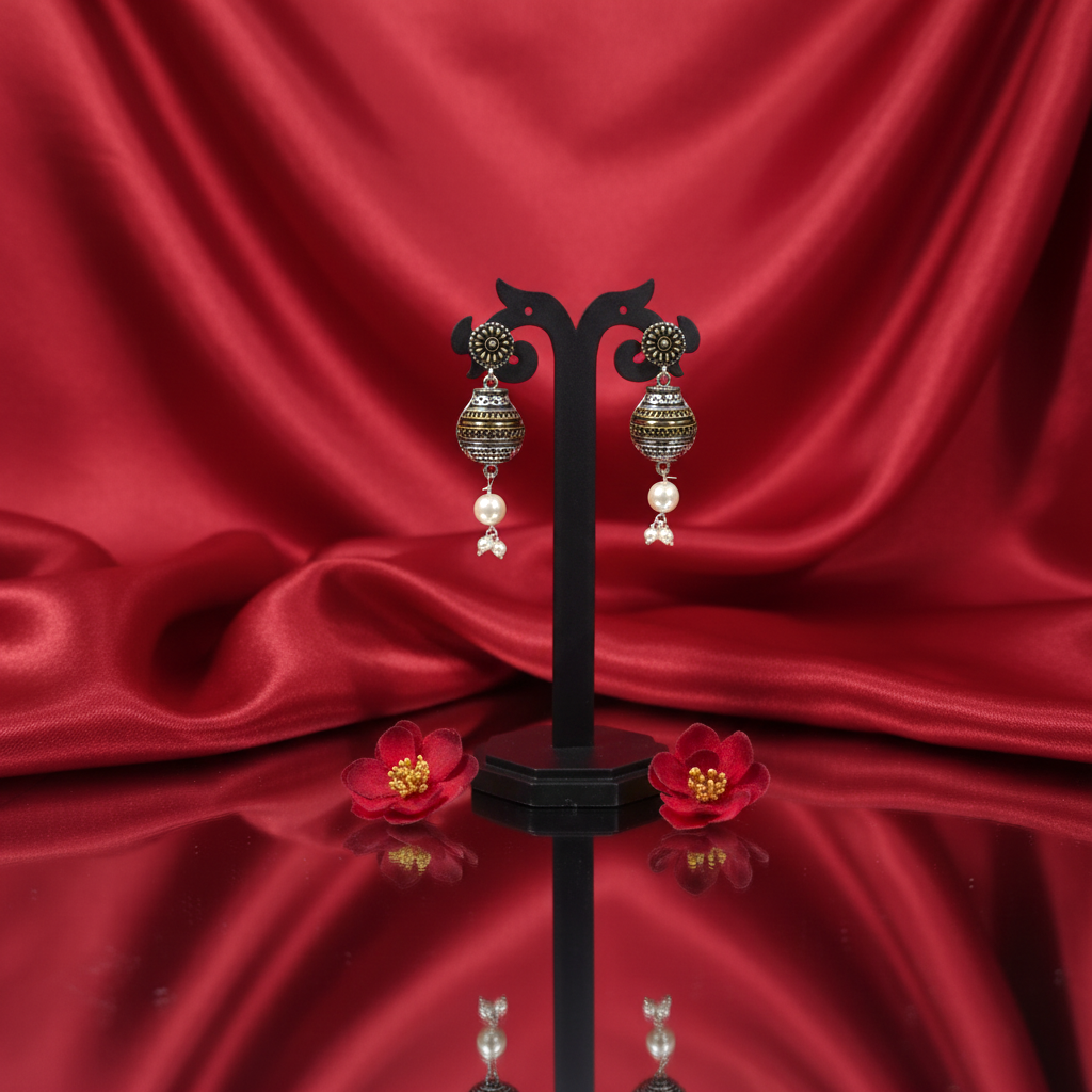 Shangri Antique Silver Jhumka Earrings with Pearl Accents
