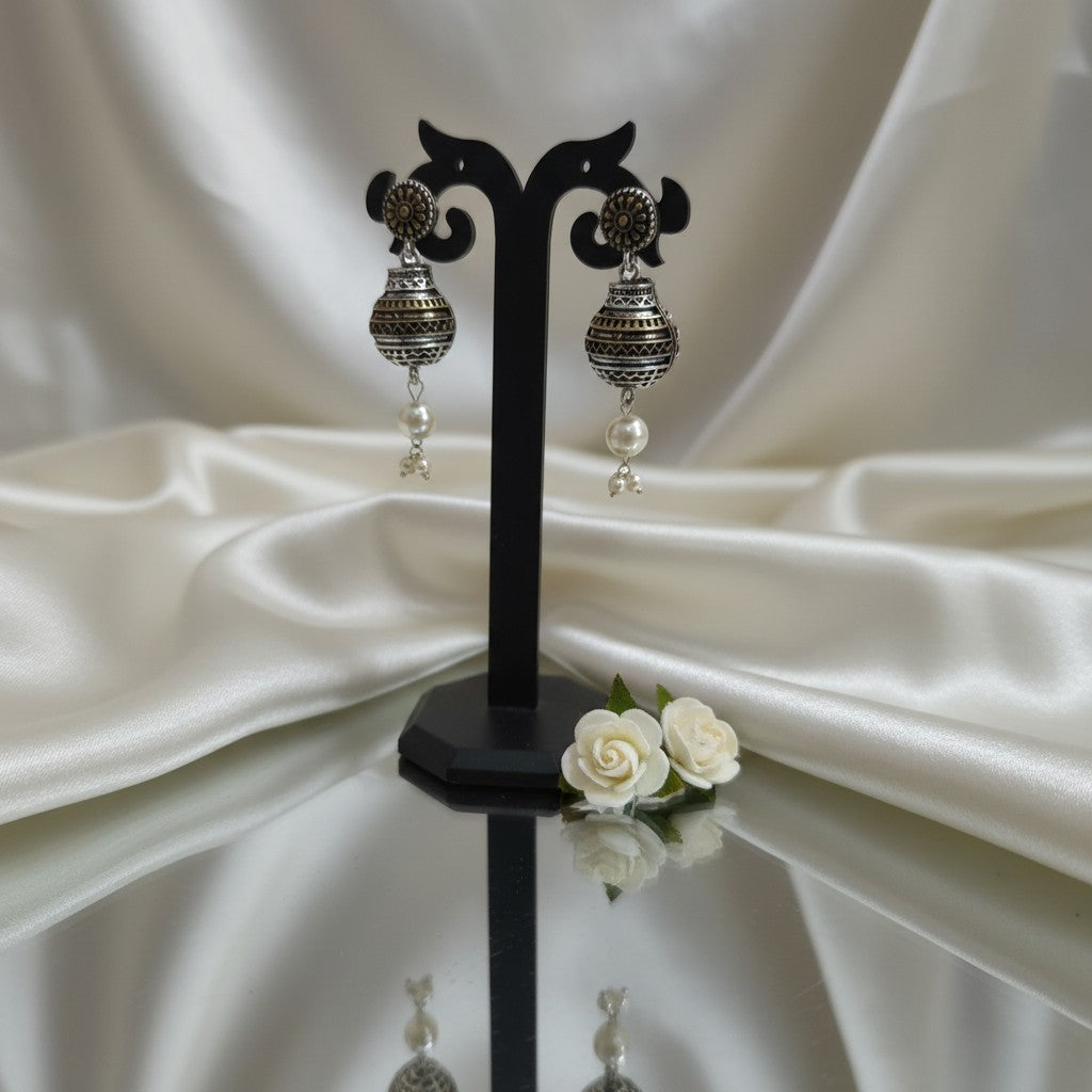 Shangri Antique Silver Jhumka Earrings with Pearl Accents