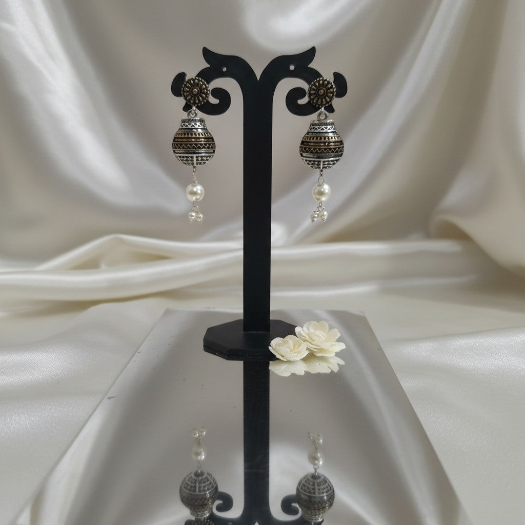 Shangri Antique Silver Jhumka Earrings with Pearl Accents
