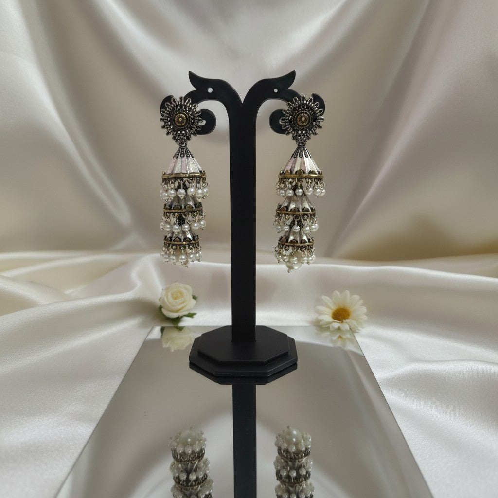 Shangri Oxidized Silver Jhumka Earrings with Pearl Drops