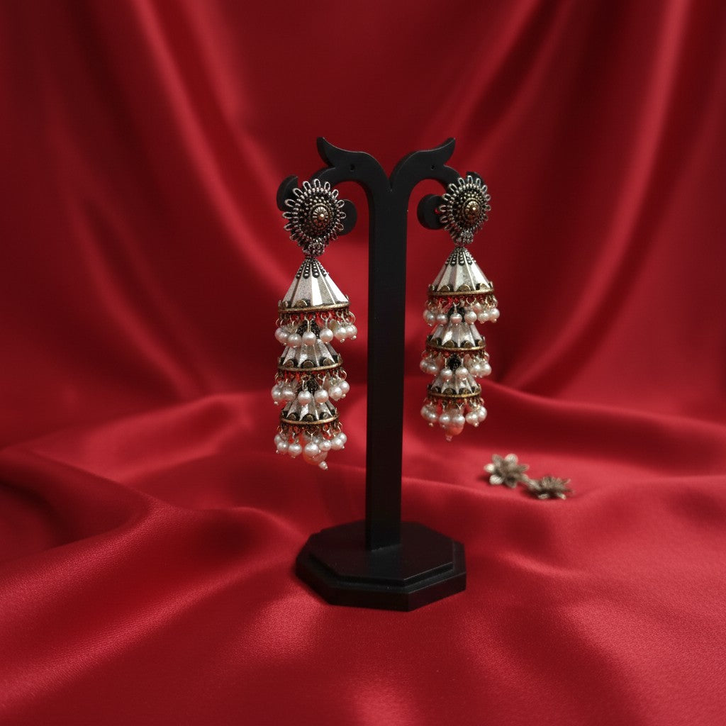 Shangri Oxidized Silver Jhumka Earrings with Pearl Drops