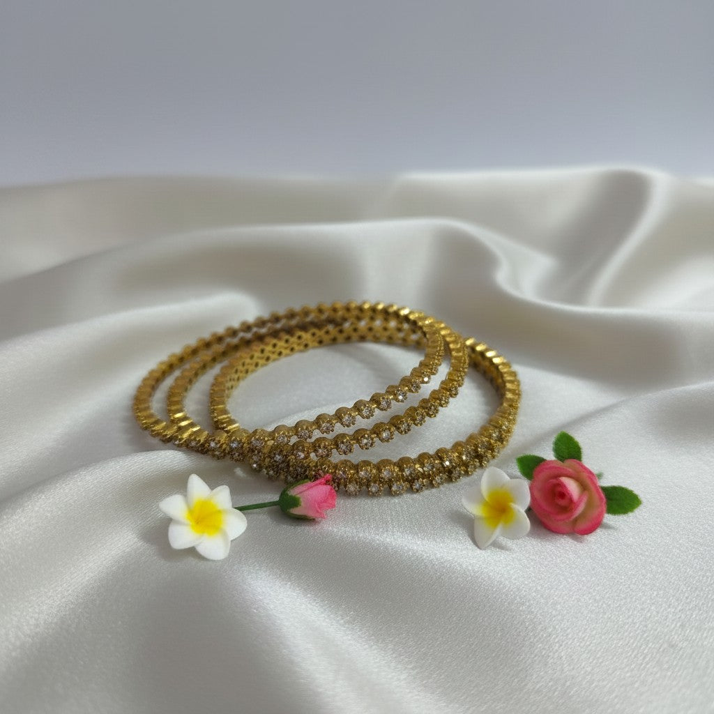 Shangri Premium American Diamond Tennis Bangles – Mehandi Gold Finish Elegant Kada Set