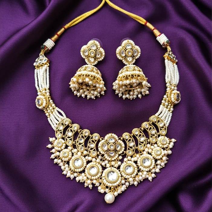 Shangri Elegant Kundan-Style Necklace Set with Jhumkas & Maang Tikka