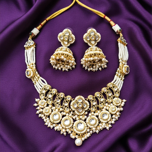 Shangri Elegant Kundan-Style Necklace Set with Jhumkas & Maang Tikka
