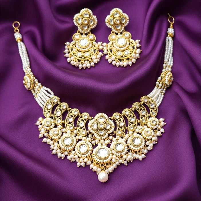 Shangri Elegant Kundan-Style Necklace Set with Jhumkas & Maang Tikka