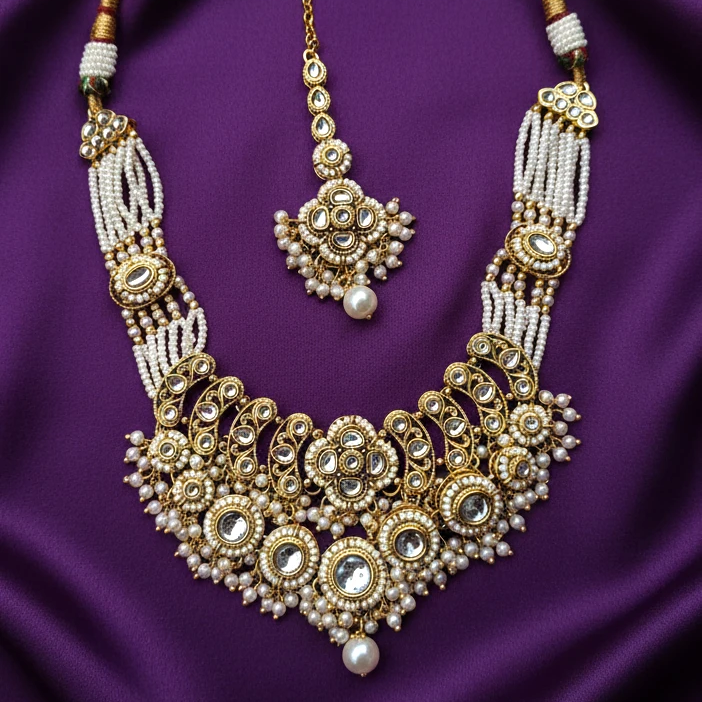 Shangri Elegant Kundan-Style Necklace Set with Jhumkas & Maang Tikka