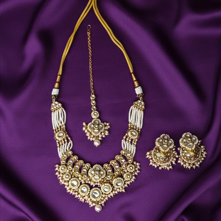 Shangri Elegant Kundan-Style Necklace Set with Jhumkas & Maang Tikka