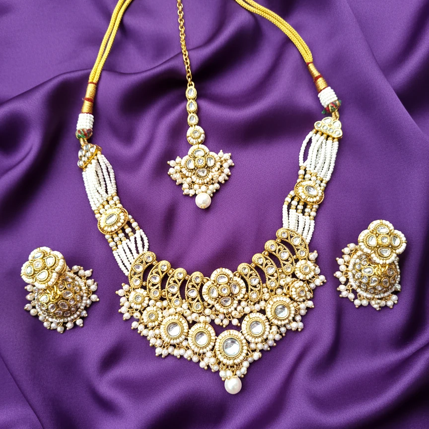 Shangri Elegant Kundan-Style Necklace Set with Jhumkas & Maang Tikka