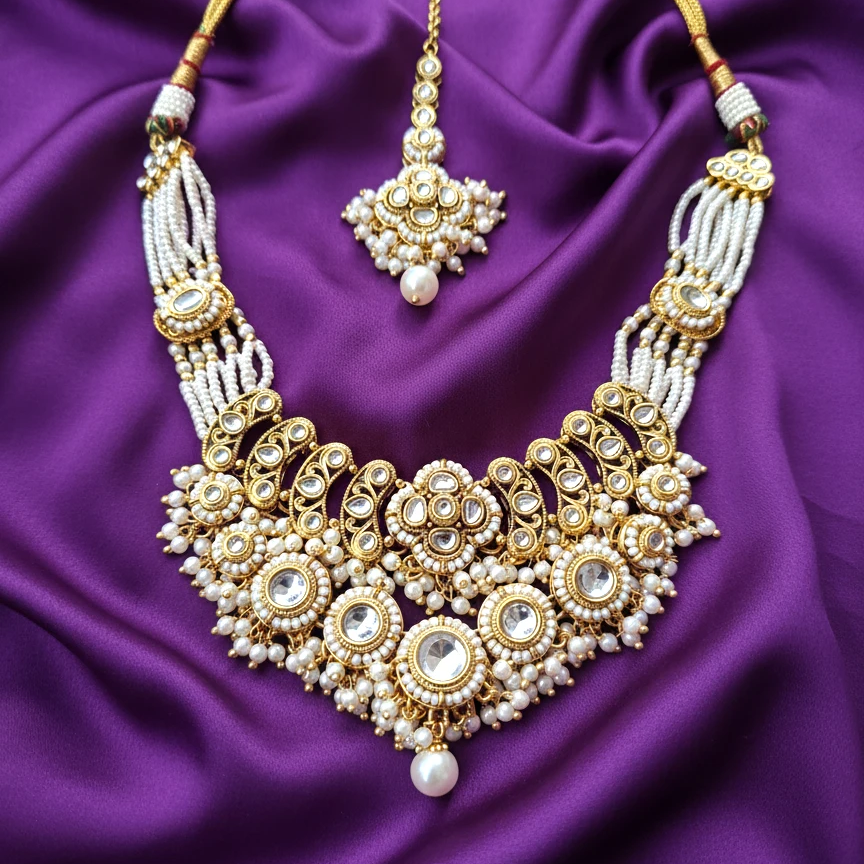 Shangri Elegant Kundan-Style Necklace Set with Jhumkas & Maang Tikka